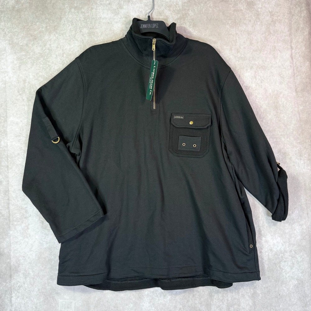 Lauren Ralph Lauren Pullover Women 2X Black 1/4 Zip Roll Tab Utility Luxury Prep